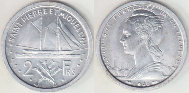 1948 St. Pierre & Miquelon 2 Francs (Unc) A002239